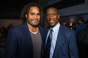 Soccer legends Christian Karembeu and Clarence Seedorf at European Week of Sports in Square Meeting Center, Brussels.